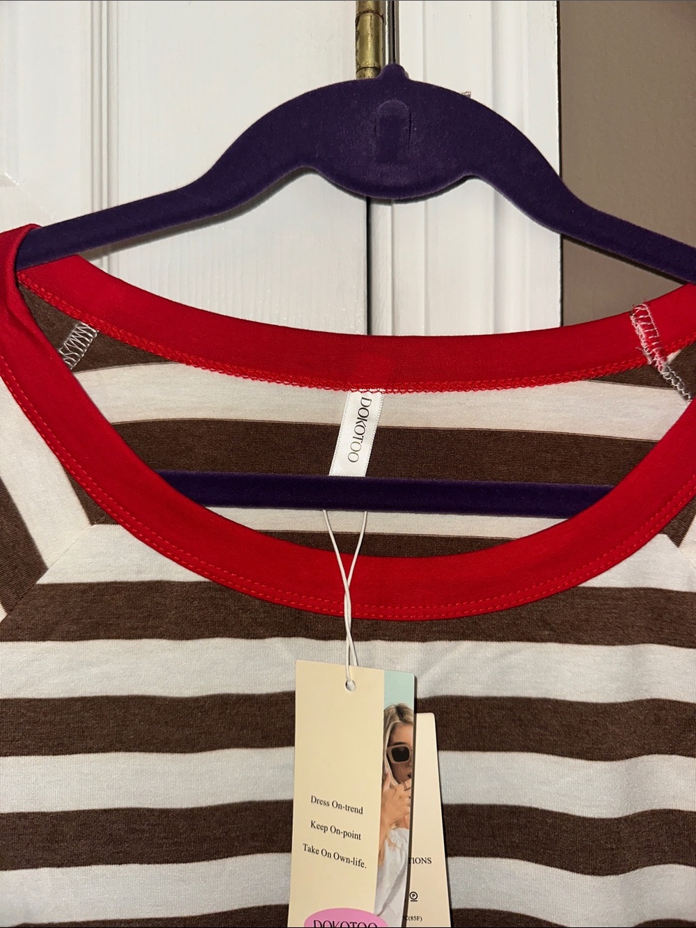 Women's Brown and White Striped Short Sleeve Tee with Red Trim - Picture 3 of 9